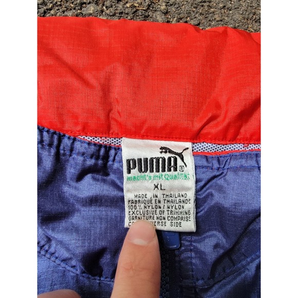 Vintage Puma Nylon Rain Jacket Mens XL Blue Red Hooded Vented Running 1/4 Zip - Picture 4 of 9